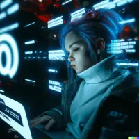 model searches on web, checking results, cyberpunk style
